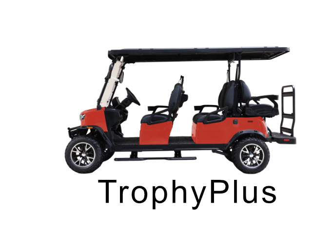 A red and black golf cart with four seats and a roof, branded TrophyPlus, on a white background.