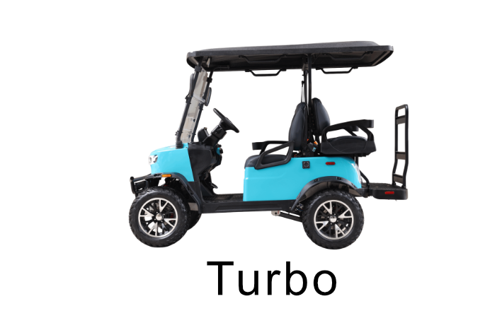 A blue golf cart with a black roof and black seats, labeled 'Turbo'.