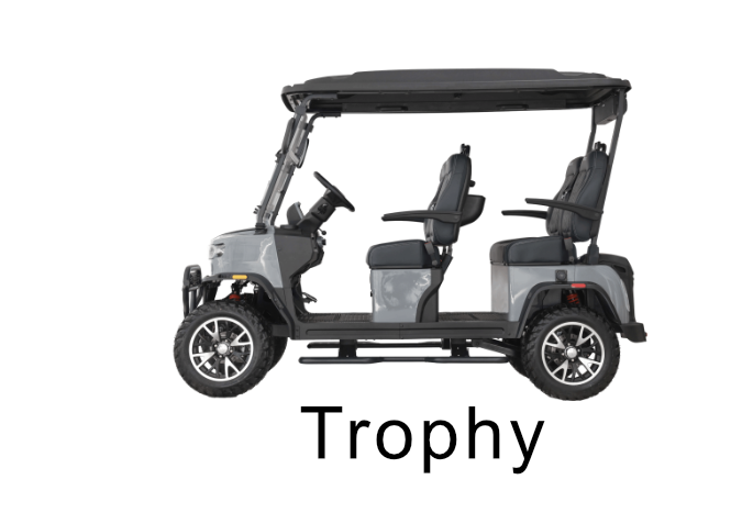 Gray golf cart with two rows of seats and a black roof, labeled 'Trophy'