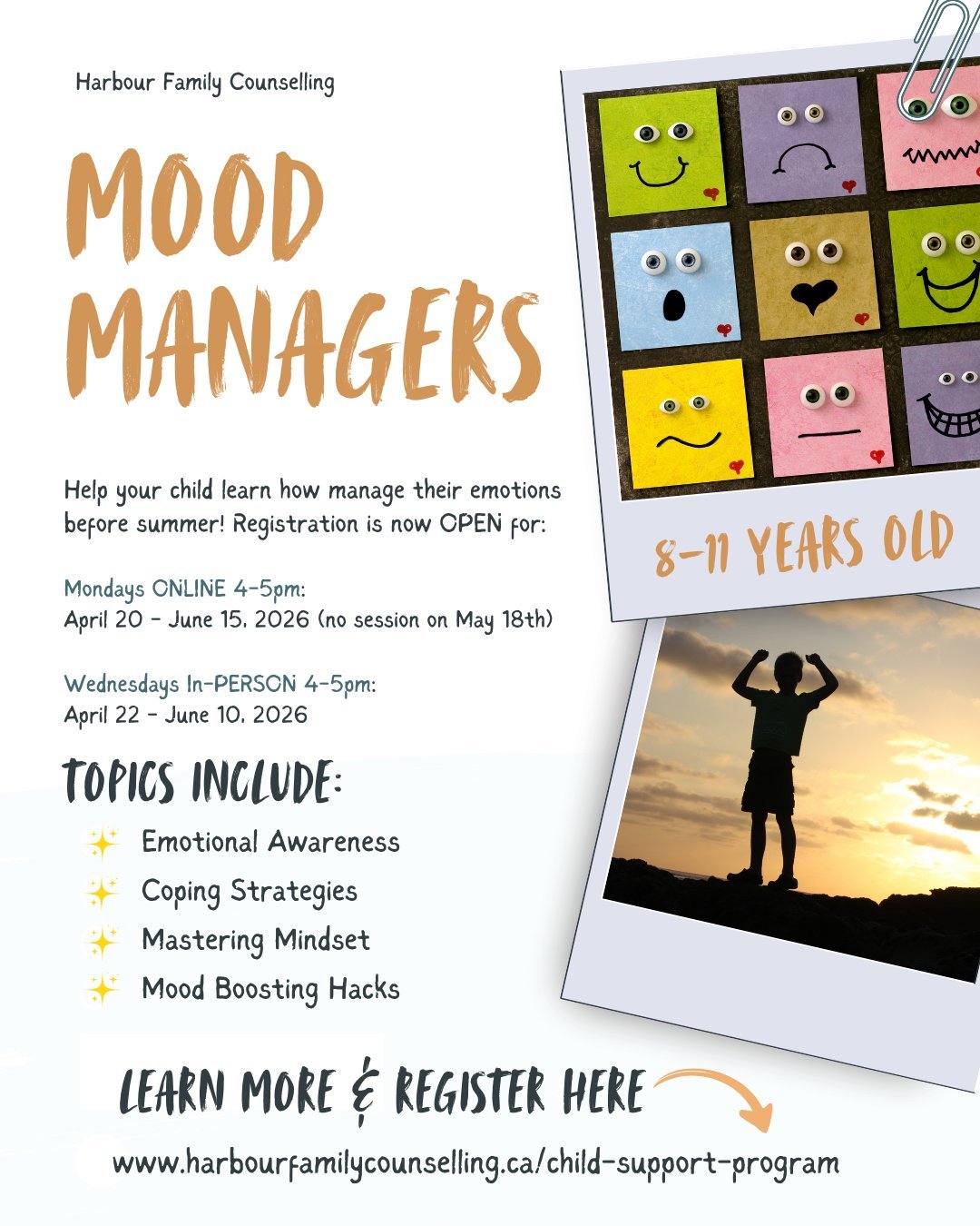 Spring is the perfect time to support your child's growth with emotion regulation, so they can face the summer with calm confidence.

Learn more and register here:
www.harbourfamilycounselling.ca/child-support-program