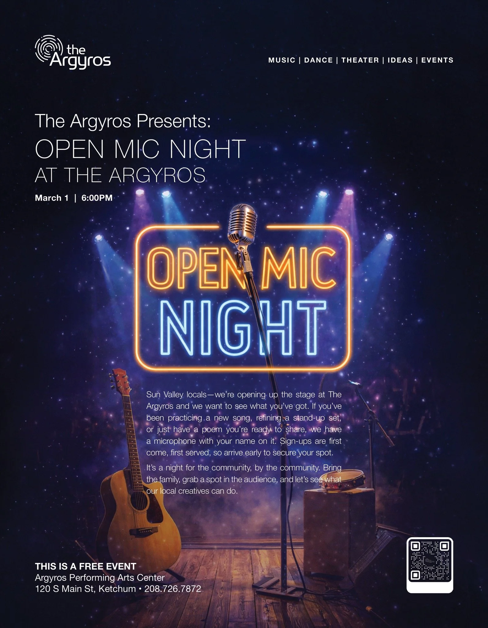 Sun Valley locals&mdash;we&rsquo;re opening up the stage at The Argyros and we want to see what you&rsquo;ve got. If you&rsquo;ve been practicing a new song, refining a stand-up set, or just have a poem you&rsquo;re ready to share, we have a micropho