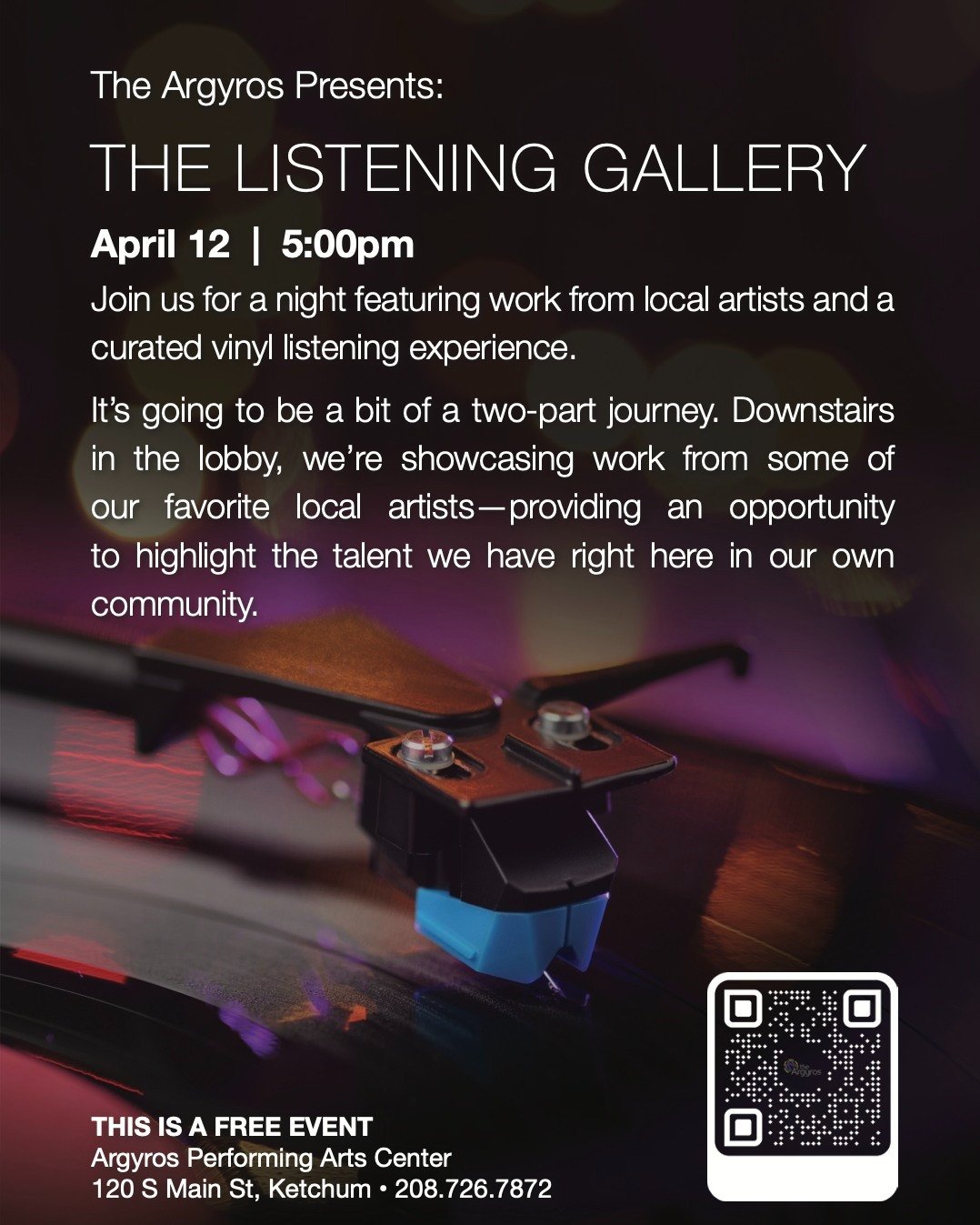 Step into The Listening Gallery this Sunday at The Argyros. 

Wander through a curated collection of local art, share the memories that live in the music of your favorite vinyl record, and join the conversation as we explore the genres that shape our