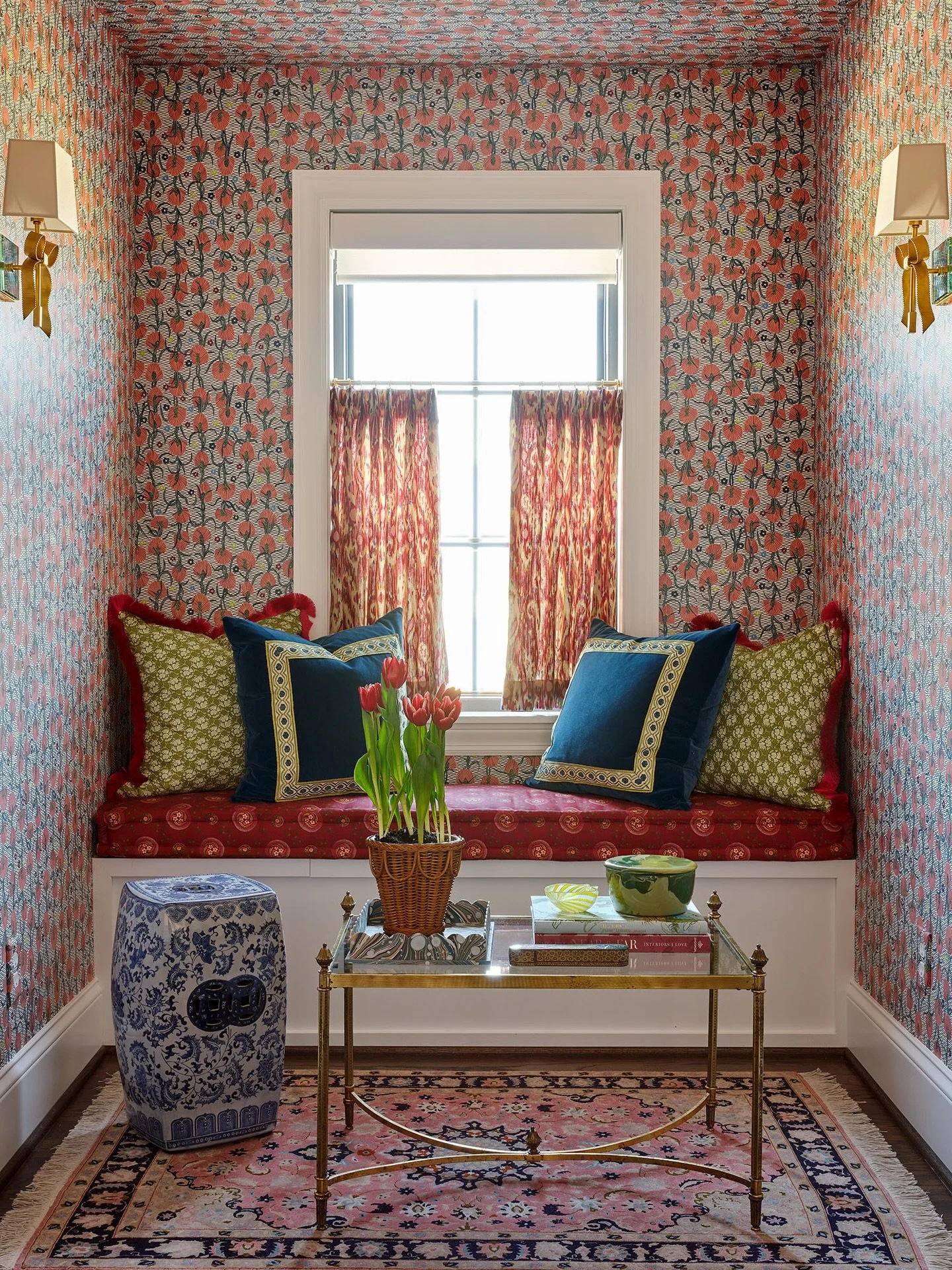 We packed so much into this layered little nook in our client&rsquo;s guest room and I am obsessed. Love creating these little cozy little moments in homes &mdash; the perfect retreat! 🌷
