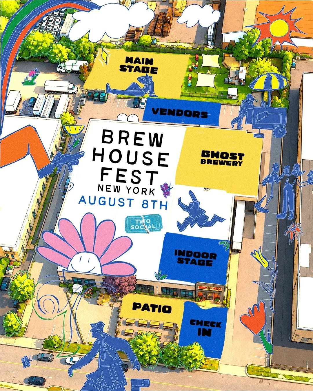 Custom hand-drawn festival artwork for @twosocialny
