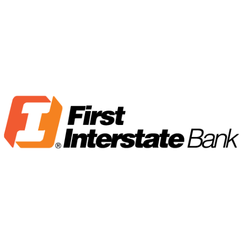 Logo of First Interstate Bank with an orange and white emblem and black text