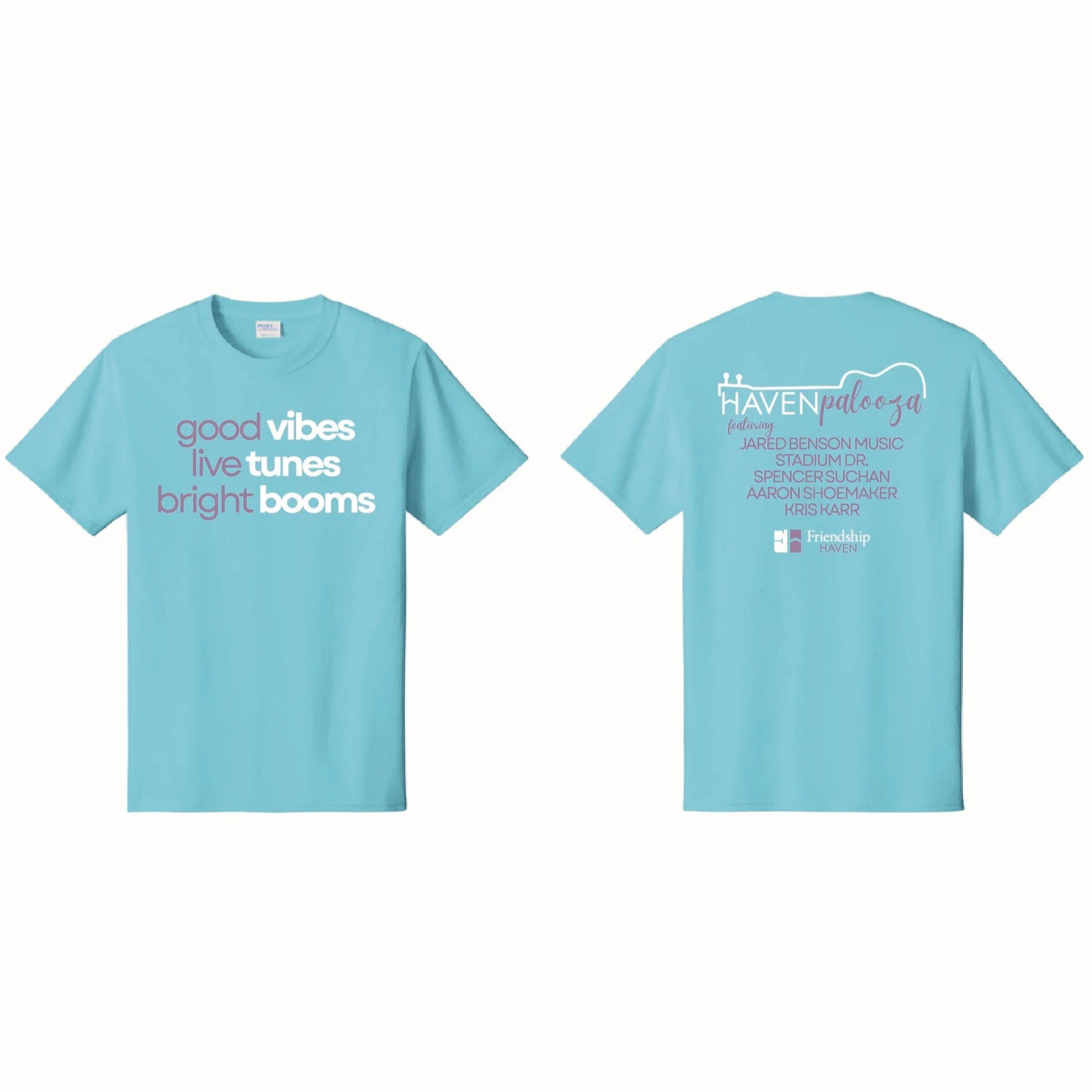 Two light blue T-shirts, one with the text "good vibes live tunes bright booms" and the other with the text "Haven Palooza featuring Jared Benson Music, Stadium Dr., Spencer Suchan, Aaron Shoemaker, Kris Karr".