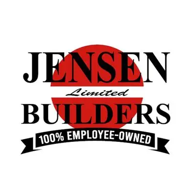 Logo for Jensen Builders, a 100% employee-owned company, featuring the company name with a red semi-circle background and a black banner.