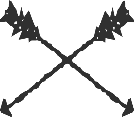 Two crossed arrows with feathers at the ends, black design on a transparent background.