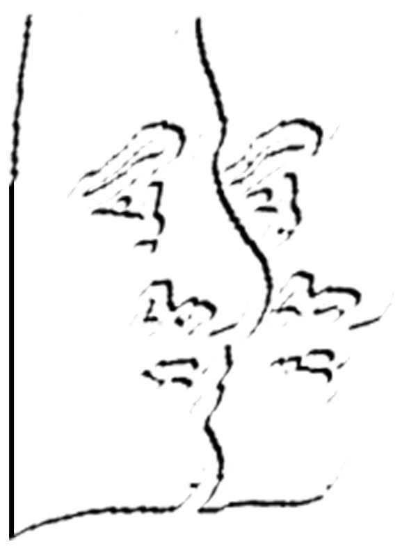 Black and white abstract drawing of two faces in profile, appearing to kiss.