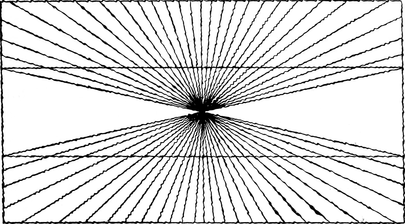 Black background with white lines radiating from a central point, creating a starburst pattern.