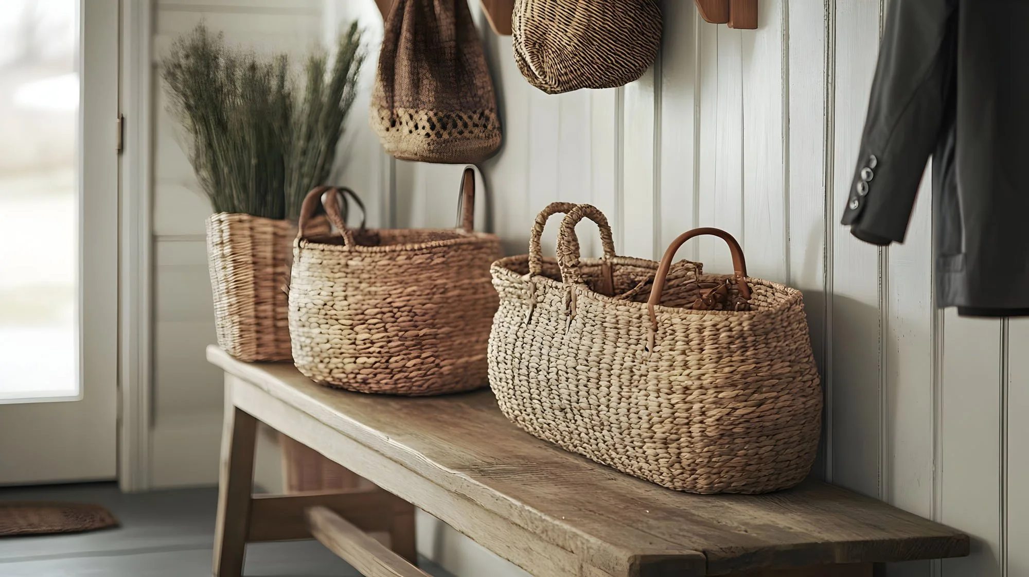 Wicker baskets on bench in foyer