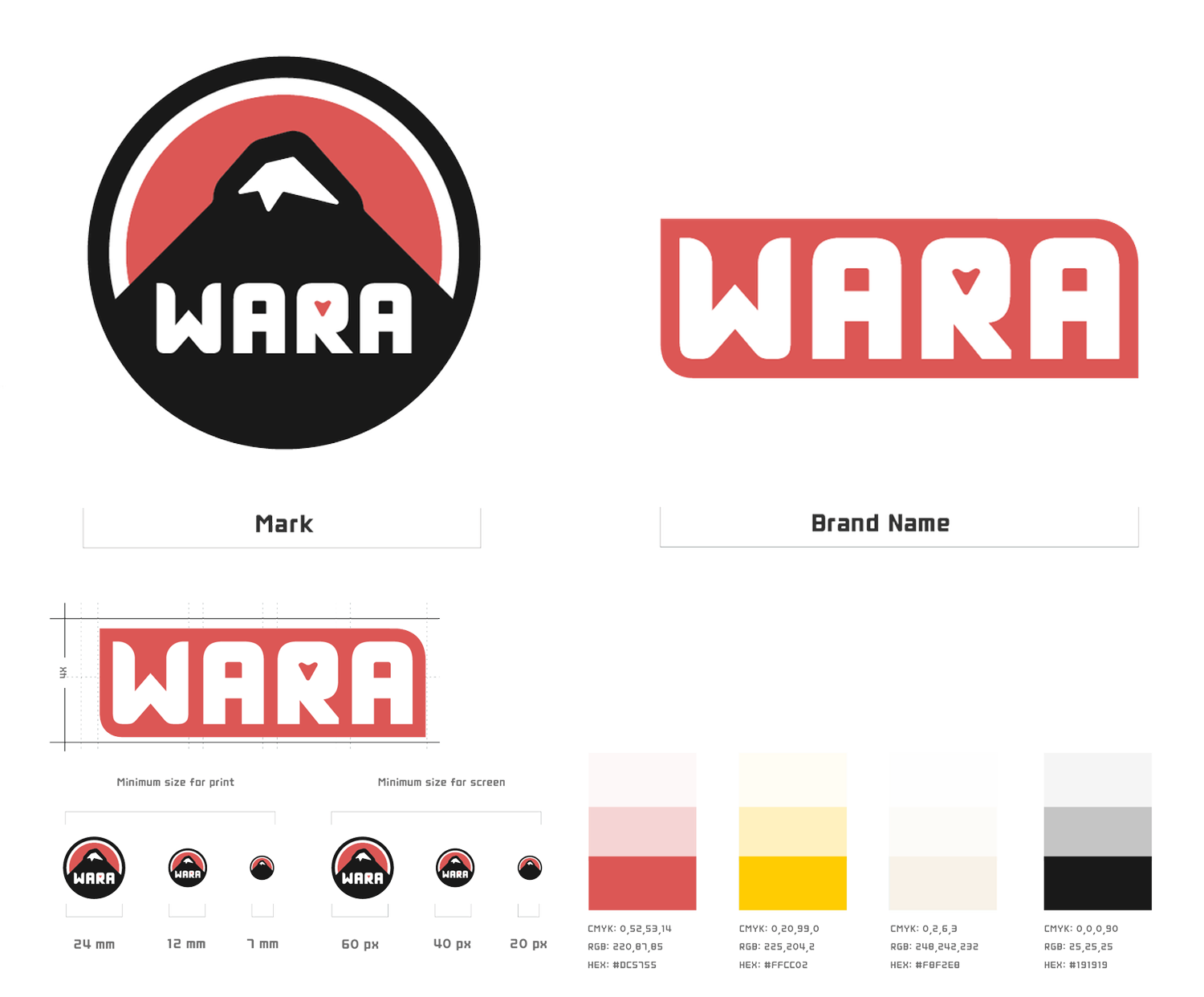 Brand logo with mountain design and the word "WARA" in uppercase letters, with a heart symbol inside the letter "A", presented in black, white, and red colors.