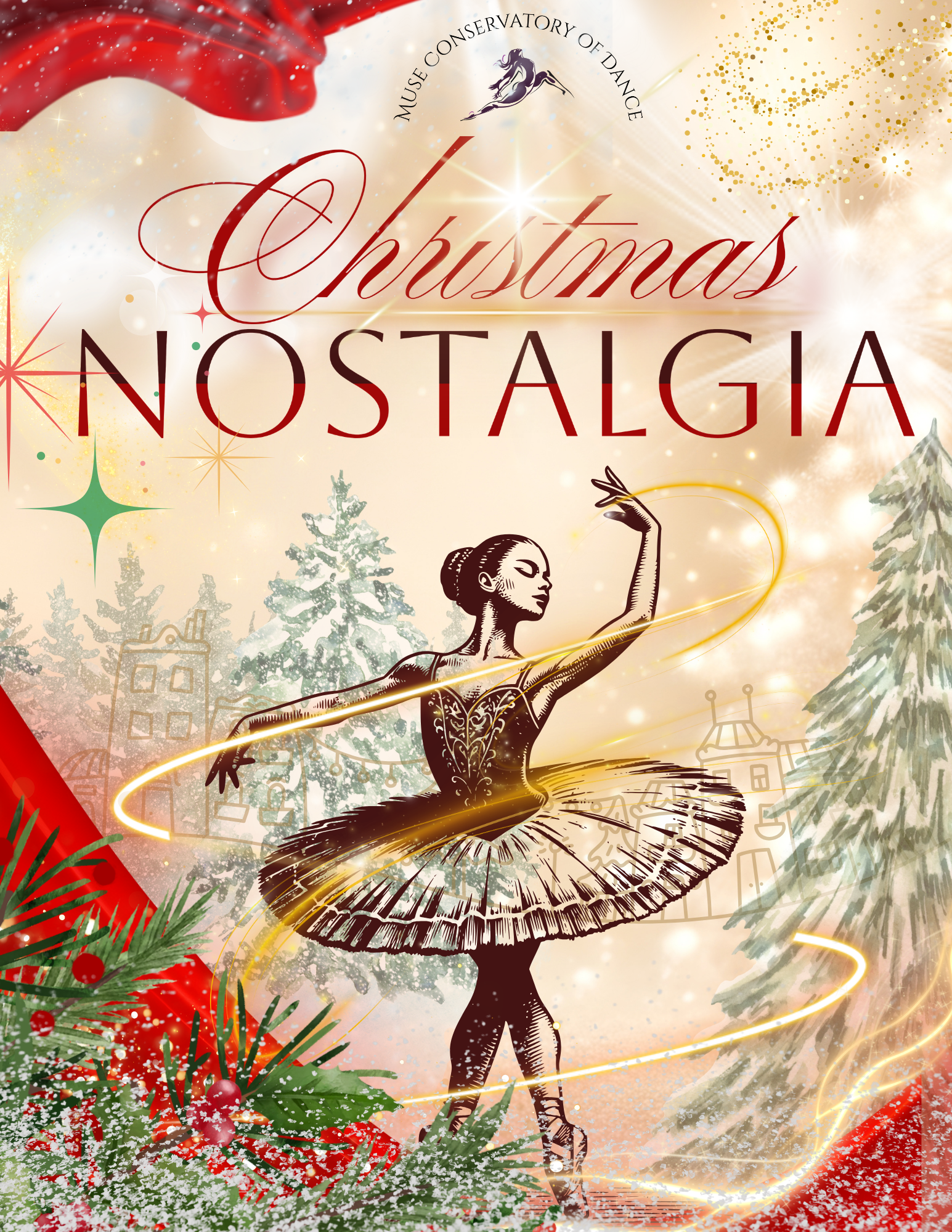 Event poster for 'Christmas Nostalgia' presented by Muse Presents, featuring silhouettes of two ballet dancers, a wizard figure on a broomstick, lightning, and a city skyline in a neon green and purple color scheme.