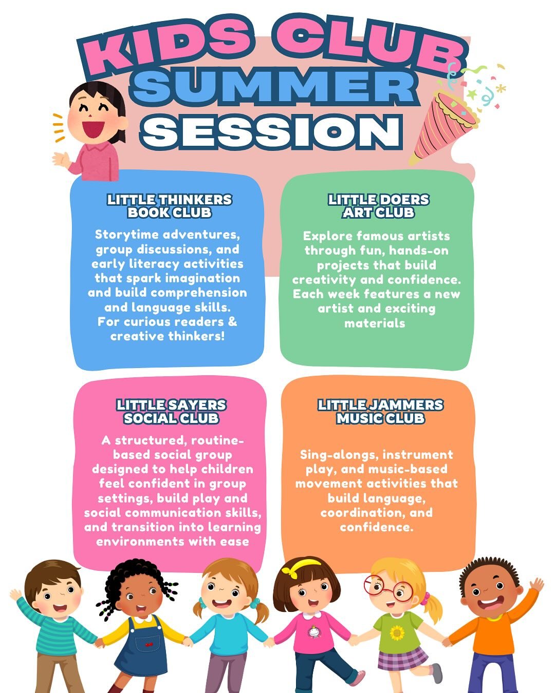 ☀️ Summer fun starts July 8! Join one or all four of our Kids Club sessions for play, learning, and connection all summer long! 💬🎨📚🎶