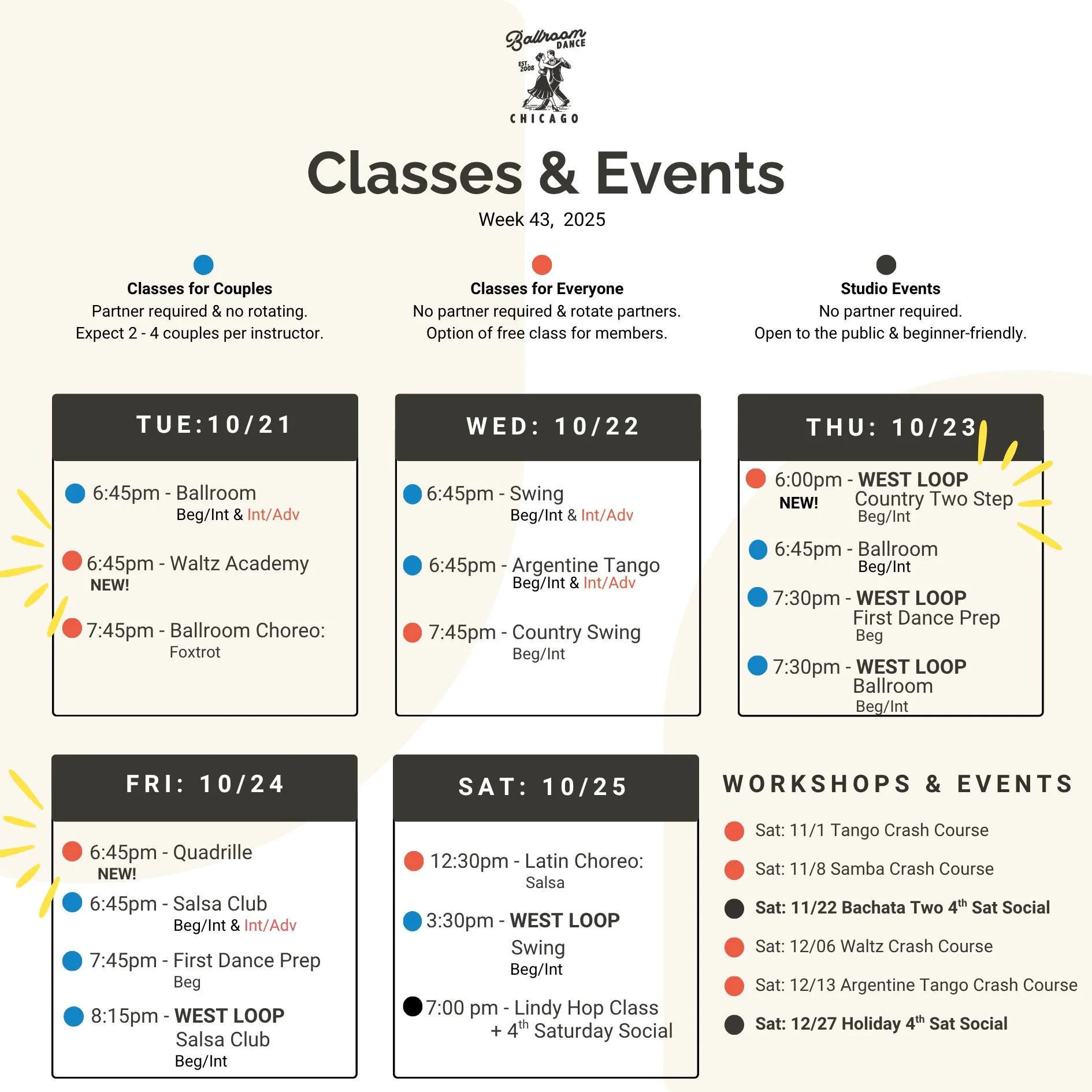 NEW classes this week! With the start of Chicago Ball Season on Saturday, we're offering new a new waltz class with Annie on Tuesday at 6:45pm and a new Quadrille class with Matthew on Fridays at 6:45pm.
No partner required for either class and bot