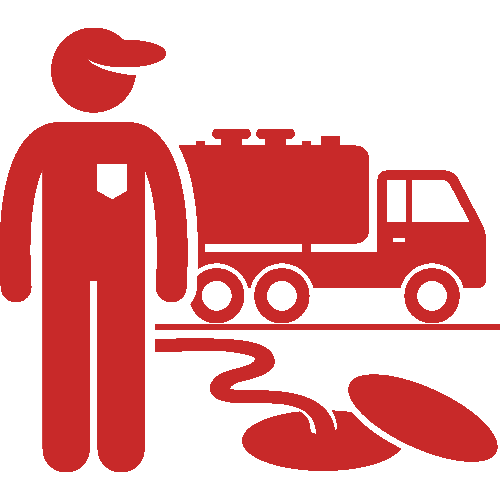 Red icon showing a person with a septic tank truck and manhole.