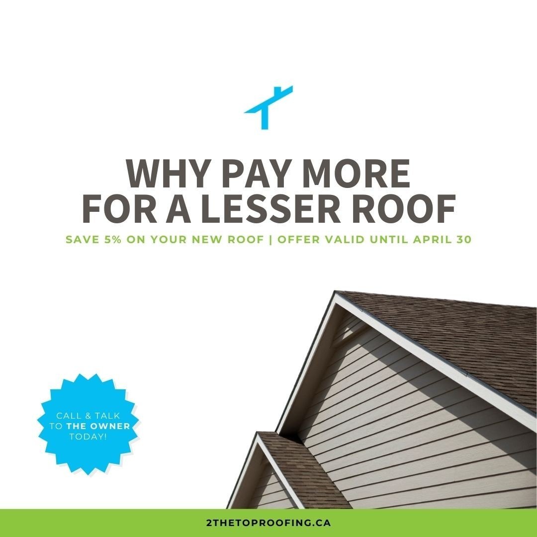 Why pay more for a lesser roof? ⁠
⁠
With 2 The Top Roofing, you get the expertise and knowledge of a big company with the trust and care of a locally owned business.⁠
⁠
For the month of April save 5% on your new roof with 2 The Top Roofing Corp. Call
