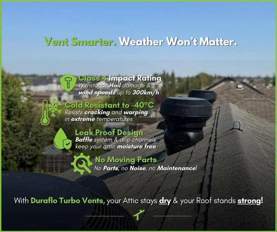 Vent Smarter &amp; Weather Won&rsquo;t Matter!
Alberta&rsquo;s wild weather is no match for Duraflo Turbo Vents.
From hail and hurricane-force winds to -40&deg;C cold snaps, these vents are built to protect your attic and roof year-round &mdash; with