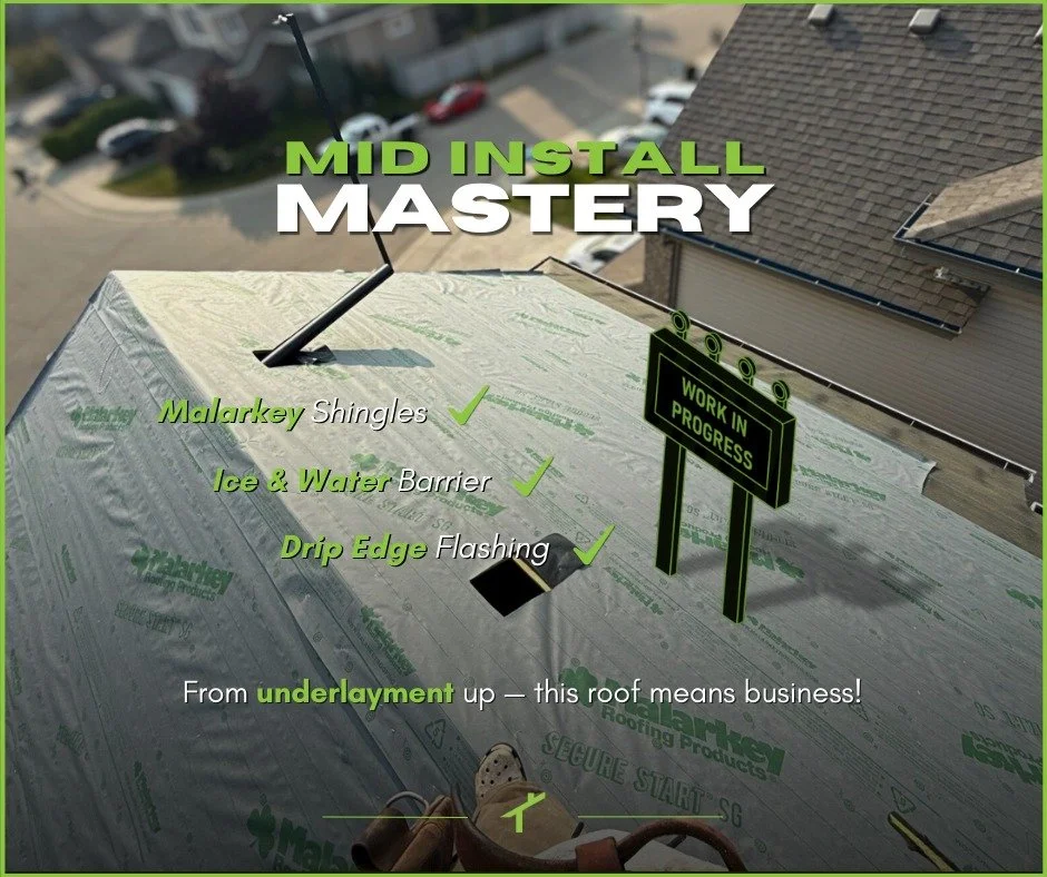 Mid Install MASTERY 🛠️
Layer by layer, we&rsquo;re locking in Alberta‑tough protection. With Malarkey Shingles for impact resistance, Ice &amp; Water Barrier to stop leaks before they start, and every detail installed with precision.

From underlaym