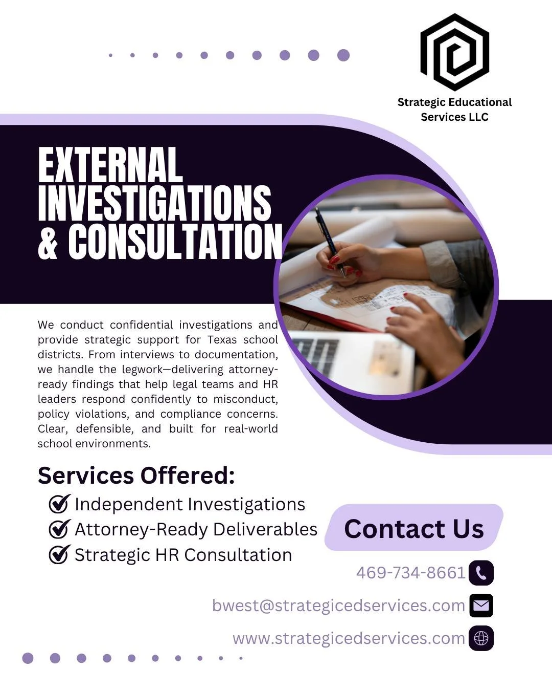 🕵️&zwj;♀️ HR Chaos? I Handle the Legwork.
Texas school districts: when compliance gets messy, I step in.
✅ Independent investigations
✅ Attorney-ready documentation
✅ Strategic HR consultation
I interview, document, and deliver clear, defensible fin