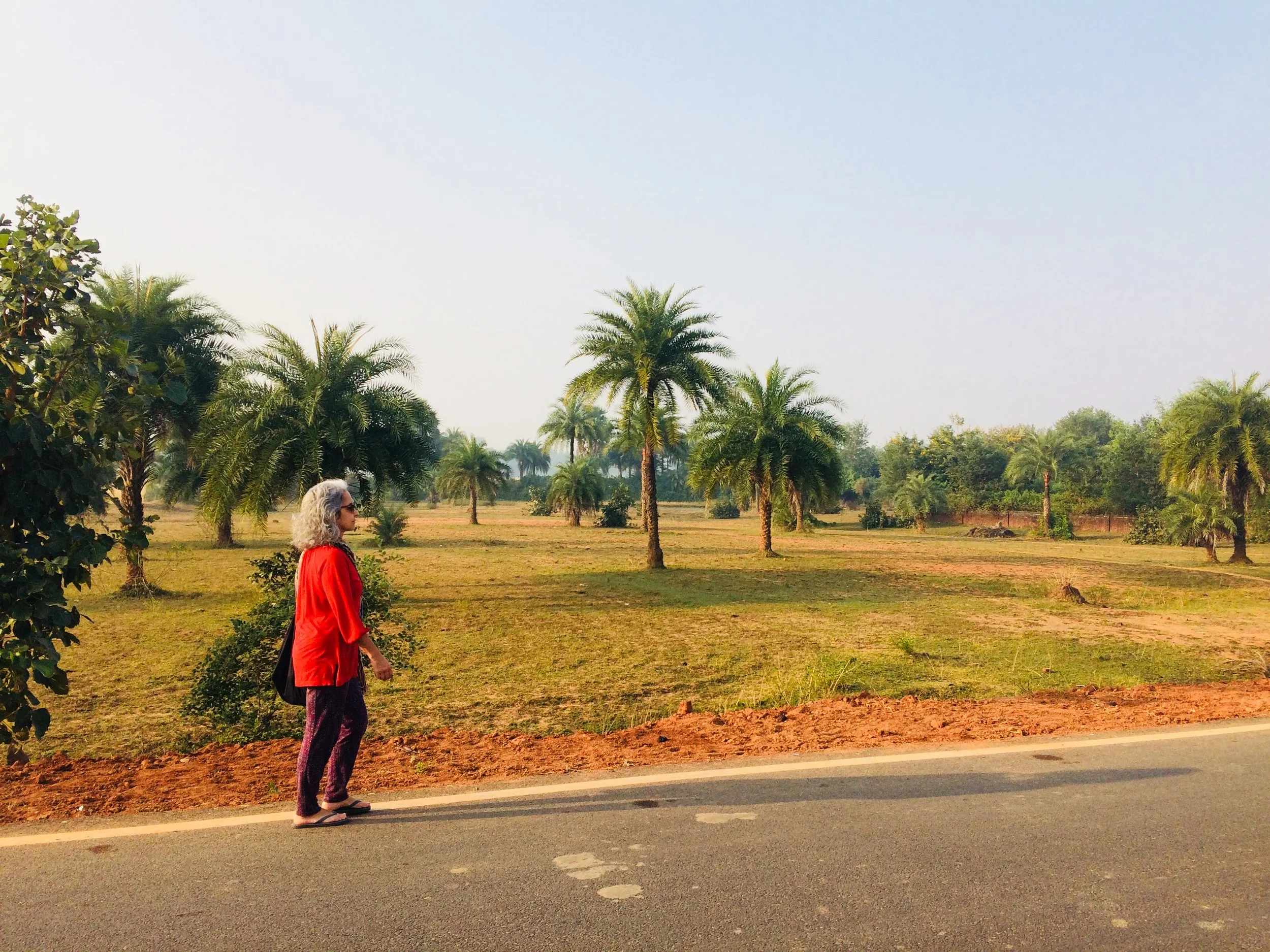 Beatriz com uma camisola vermelha a caminhar ao longo de uma estrada na India junto a um campo com relva e palmeiras.