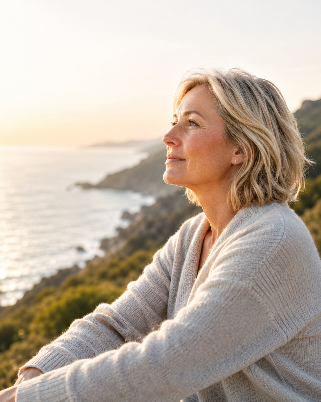 A woman with blonde, shoulder-length hair, sitting outdoors on a hillside at sunset, overlooking the ocean and coastline.