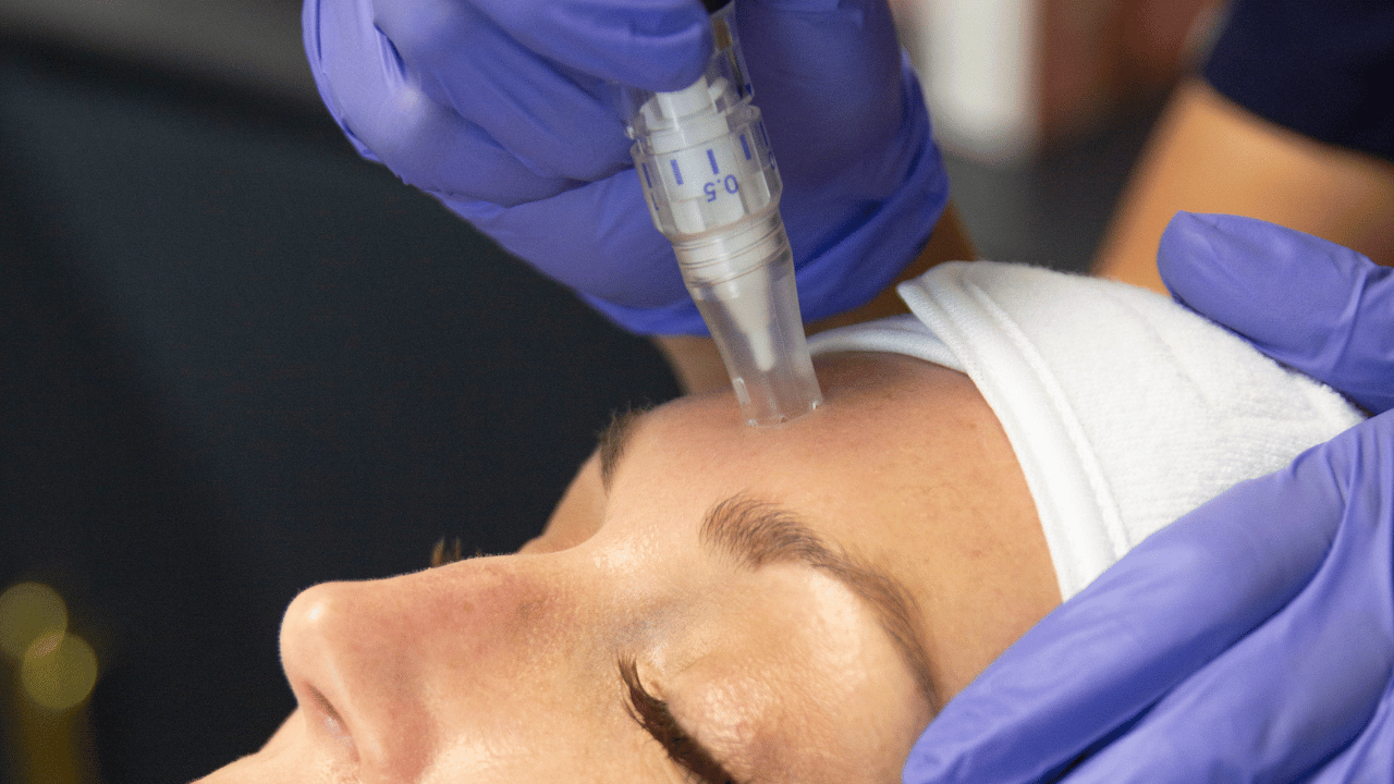 Person receiving a facial treatment with a light therapy device while lying on a spa bed, with cream applied on their face and a headband holding back their hair.