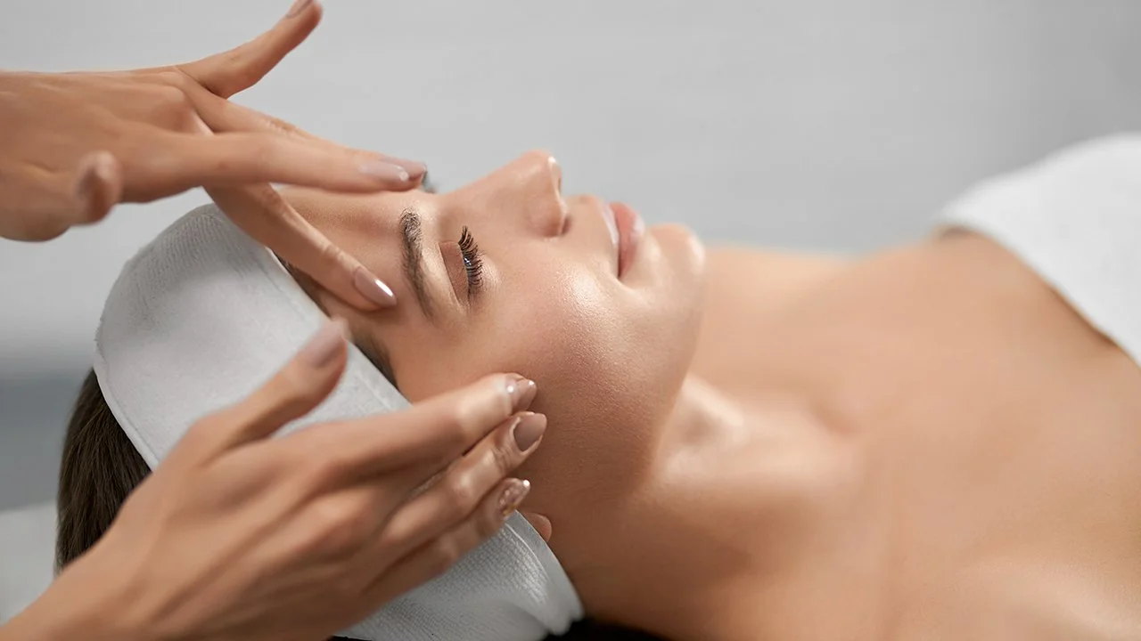 Close-up of a woman receiving a lip injection with a syringe, administered by gloved hands.