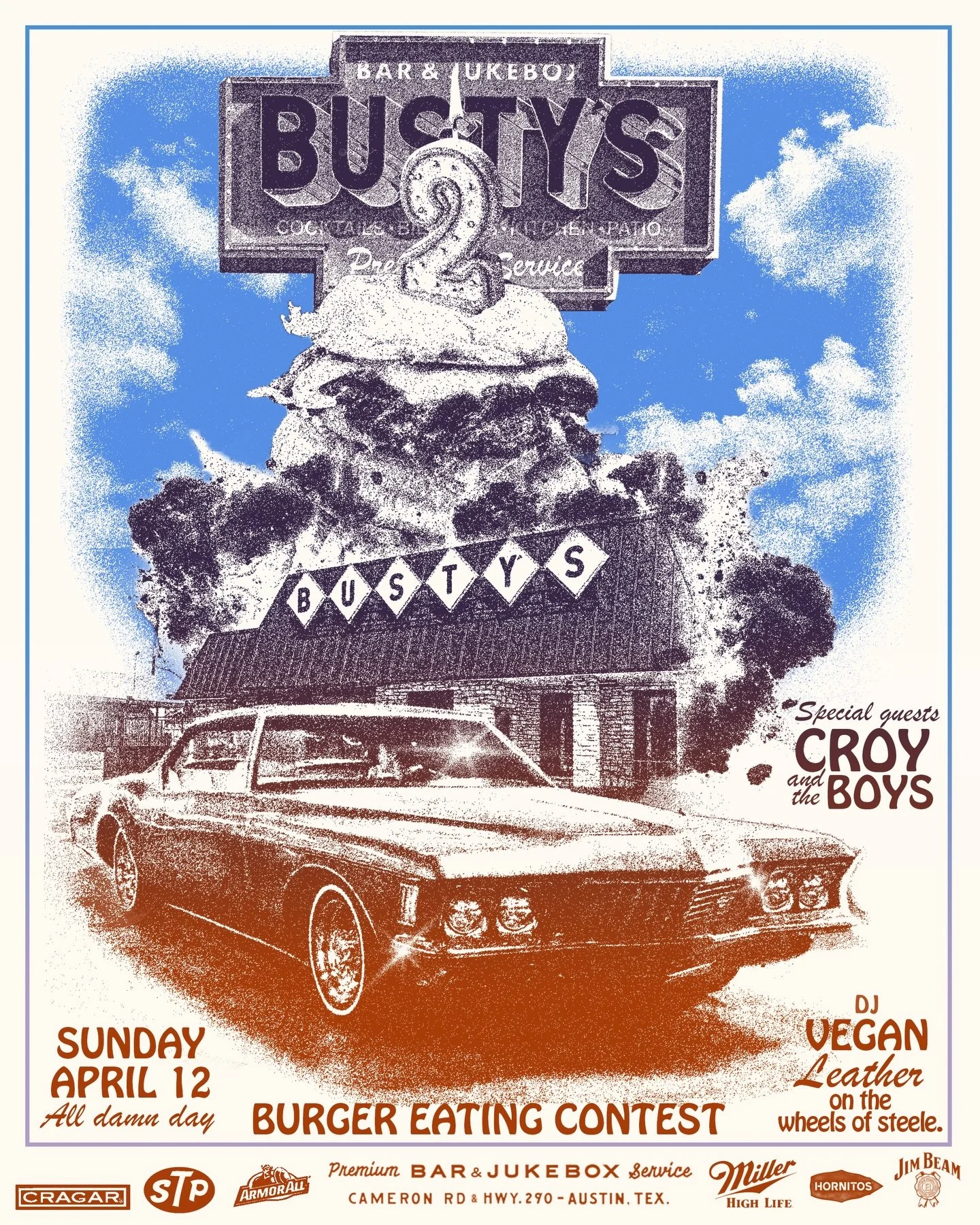 🥳💪BUSTY&rsquo;S 2 YEAR ANNIVERSARY!🎂🏁

👇TODAYS SCHEDULE 👇 
⛓️ DJ Vegan Leather 1-6
🍔 Burger Eating Contest - 3
🤠 Croy &amp; The Boys - 4
👩&zwj;🎤 Mullets 1-5

NO BRUNCH TODAY! Come celebrate two wild years with us, many more to come! 🥳🎂