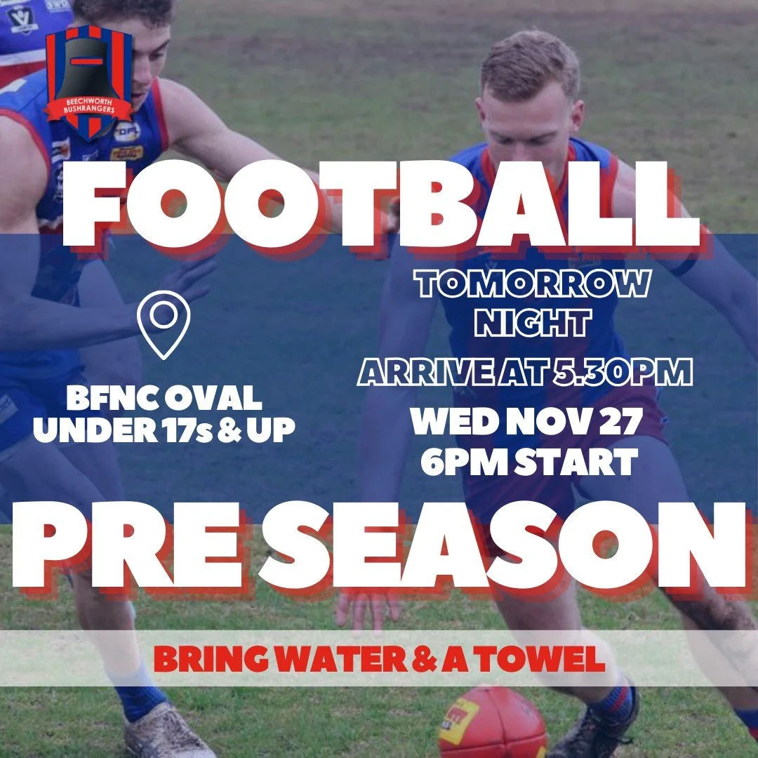 🔴🔵 FOOTBALL PRE SEASON TRAINING IS ON TOMORROW NIGHT! 🔴🔵 

Join us at the club!