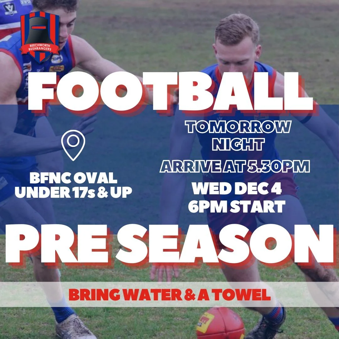 🔴🔵 FOOTBALL PRE SEASON TRAINING IS ON TOMORROW NIGHT! 🔴🔵 

Join us at the club!