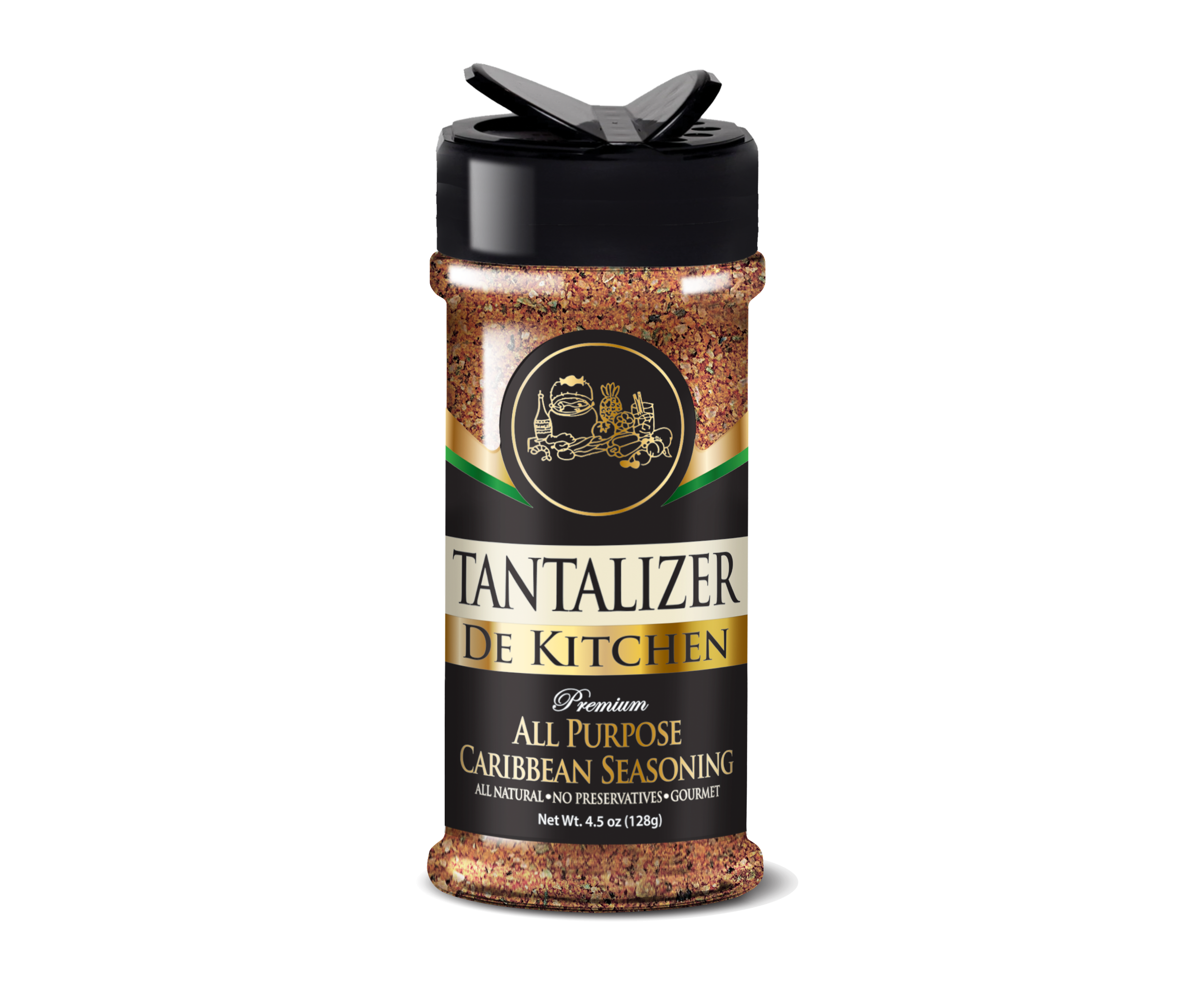 A bottle of Tantalizer de Kitchen Caribbean Seasoning with a black label, gold accents, and an image of various spices and herbs on the label, topped with a flip-top cap. The label indicates it is all-purpose, natural, with no preservatives, and weighs 4.5 ounces.
