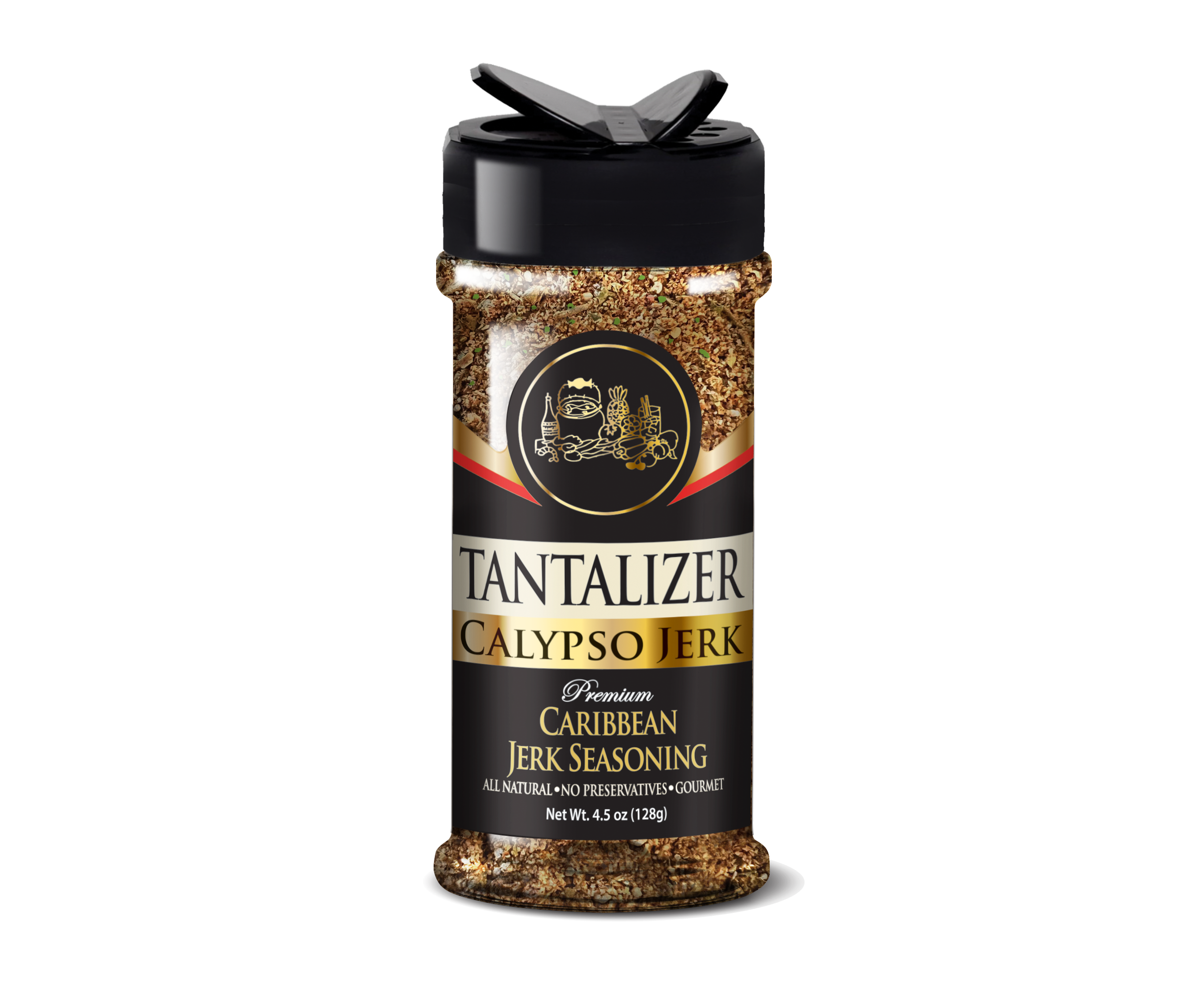 Bottle of Tantalizer Caribbean Jerk Seasoning with a black cap and a label highlighting natural ingredients and no preservatives.
