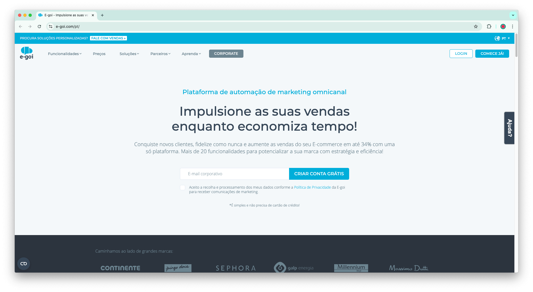 Imagem da página inicial da plataforma E-goi, destacando o serviço de automação de Marketing Omnicanal para impulsionar vendas e economizar tempo. A página apresenta um campo para inserção de email corporativo e botão para criar uma conta grátis.