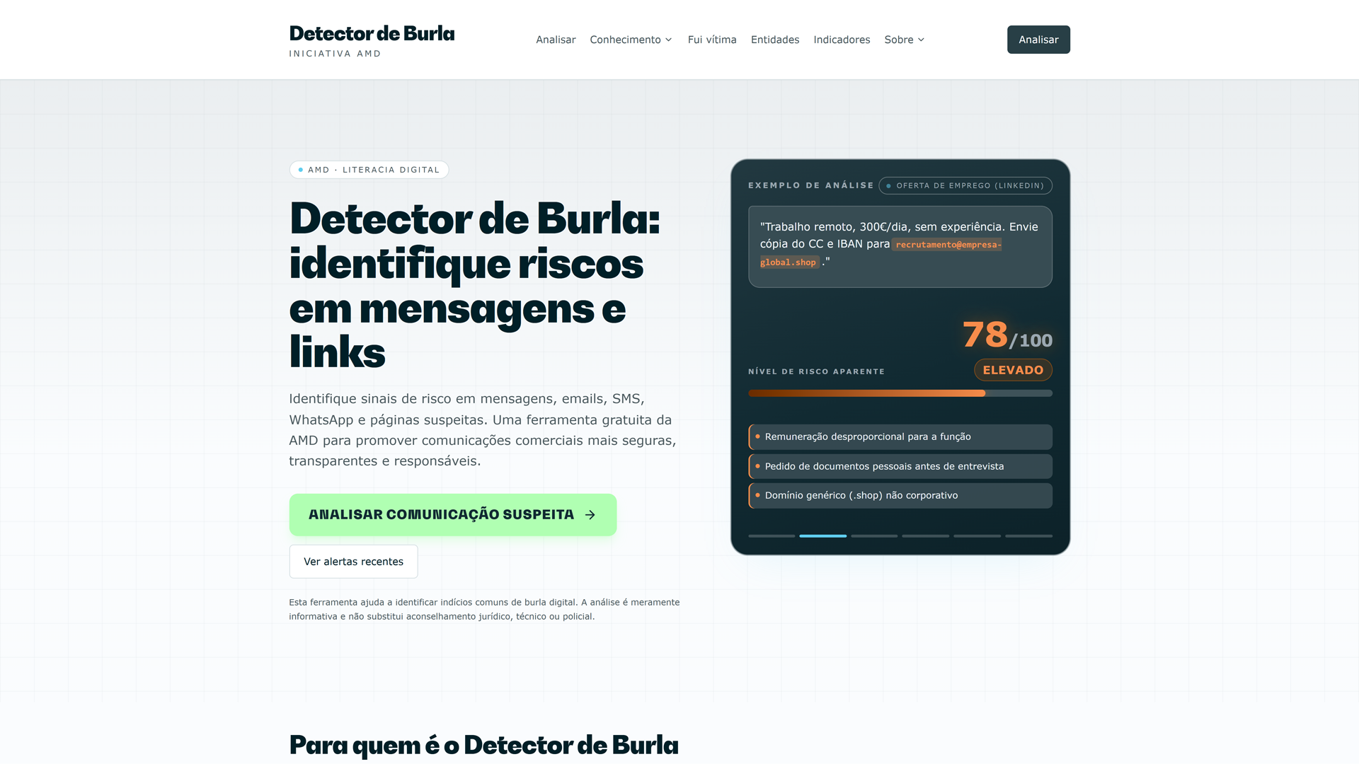 Homepage do Detector de Burla