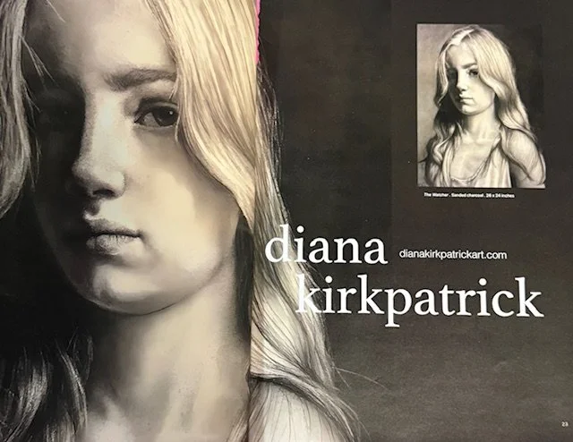Portrait of a woman with long hair, featuring website and artist name, Diana Kirkpatrick, over the image; includes a smaller sketch of the woman in the corner.