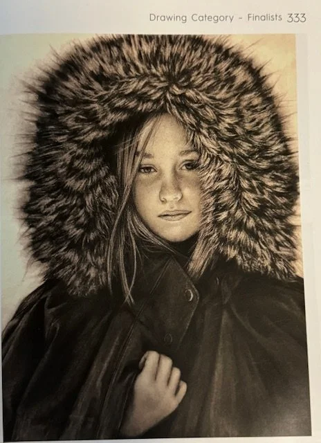 Realistic drawing of a person wearing a fur-lined hood in black and white.