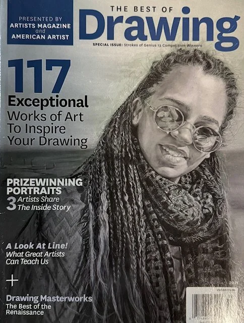 Cover of "The Best of Drawing" magazine featuring a grayscale portrait of a person with long braided hair and round glasses. The text highlights 117 exceptional works of art, prizewinning portraits, and articles about lines and drawing masterworks. Presented by Artists Magazine and American Artist."