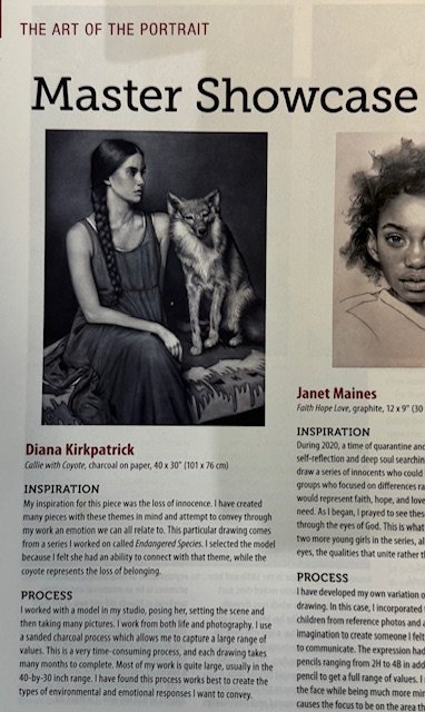 Magazine page titled "The Art of the Portrait: Master Showcase" featuring a charcoal artwork by Diana Kirkpatrick called "Callie with Coyote." The artwork shows a woman sitting beside a coyote. The page includes a description of the artist's inspiration and process for the piece.