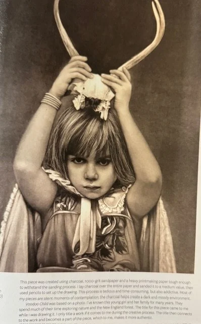 Child holding animal skull with antlers above head in grayscale art piece.