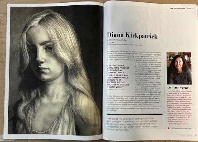 Magazine spread featuring a charcoal portrait of a woman on one page and an article about artist Diana Kirkpatrick on the other, including a photo of the artist and text about her art story and advice.