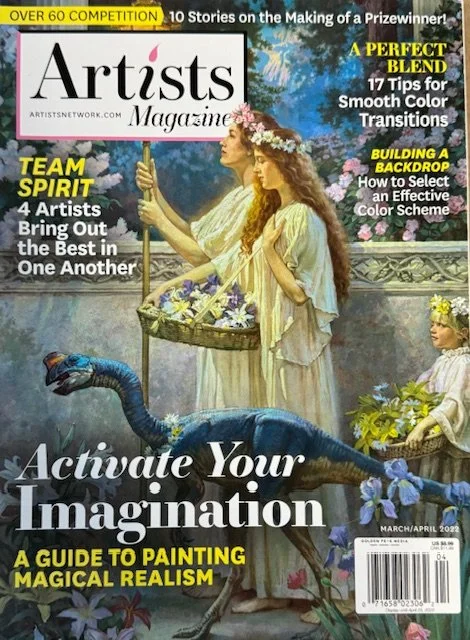 Cover of Artist's Magazine with two women in flowing dresses in a fantasy setting with dinosaur, flowers, and greenery, featuring headlines about competition, artist teamwork, painting tips, and magical realism. Dated March/April 2023.