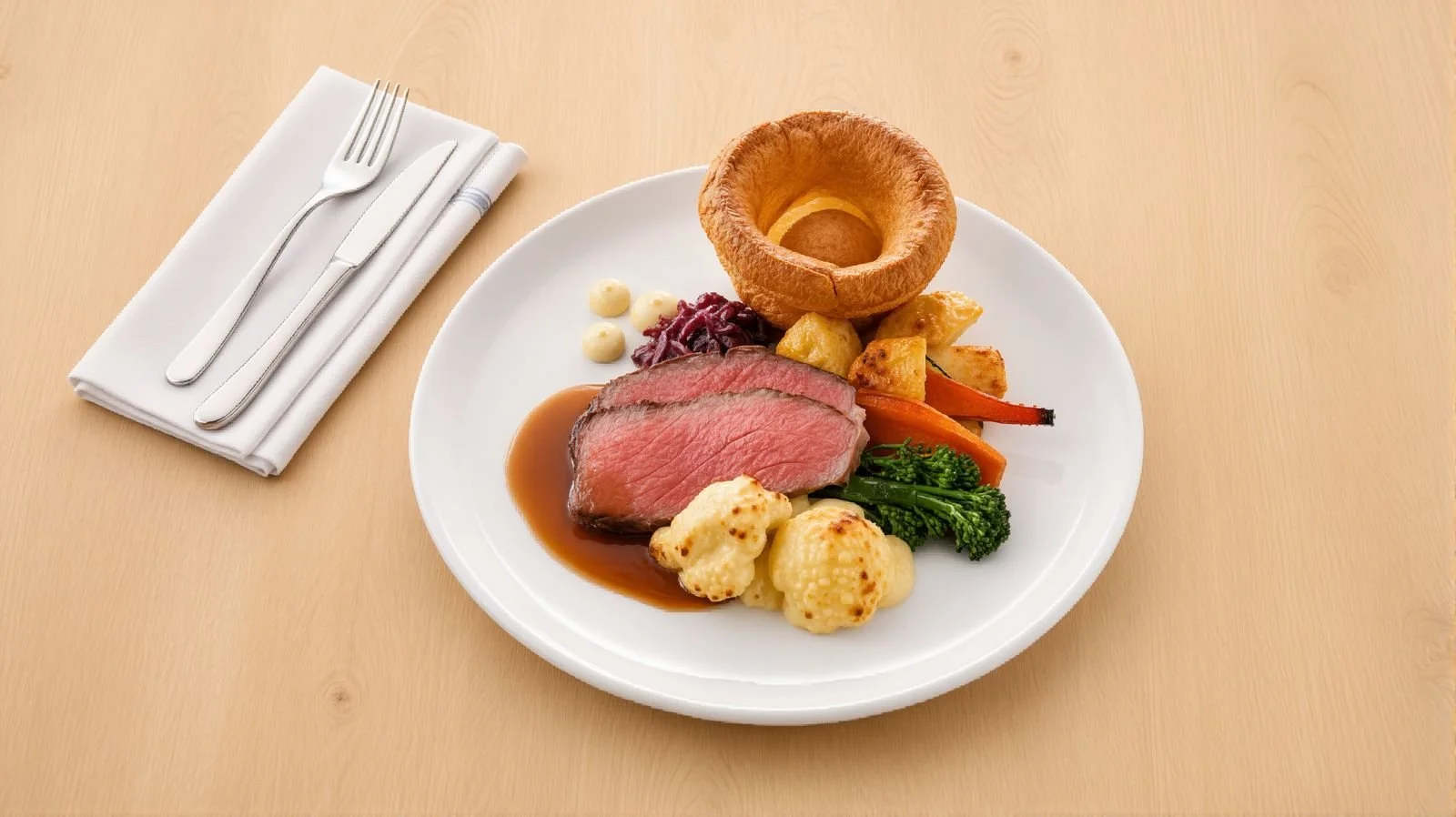 Roast beef Sunday lunch with Yorkshire pudding, seasonal vegetables, roast potatoes and rich gravy on a white plate.