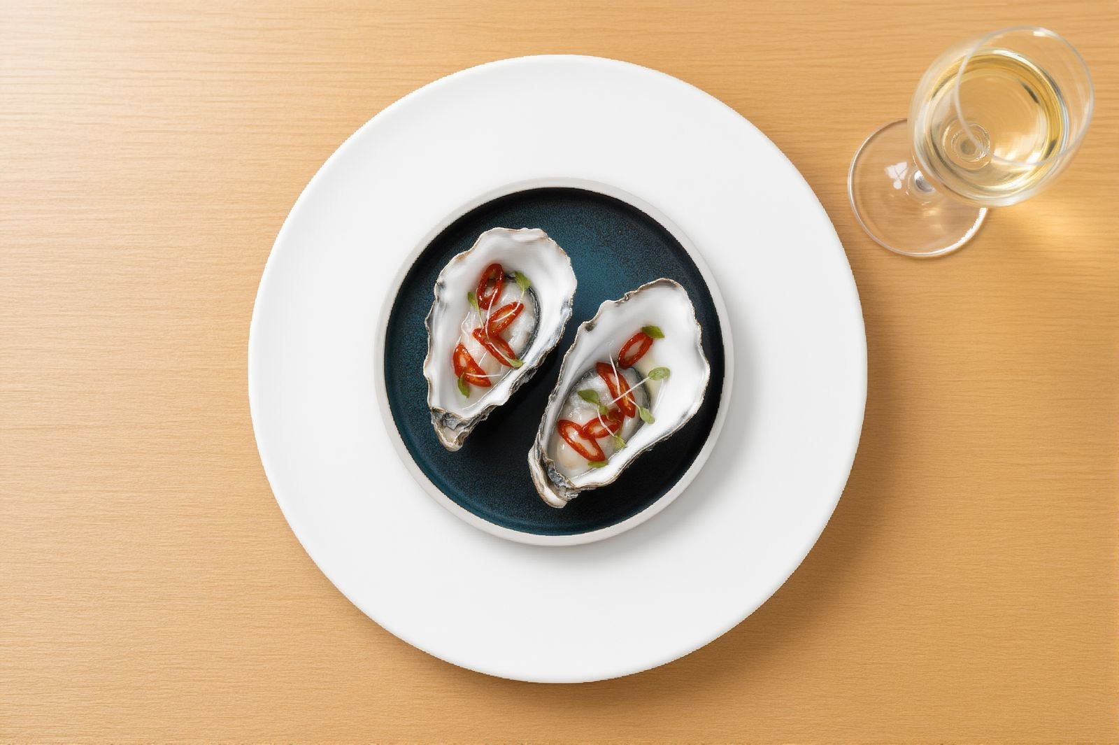 Fresh oysters with chili dressing served on a white plate at Rocks Restaurant, Watersmeet Hotel, North Devon.