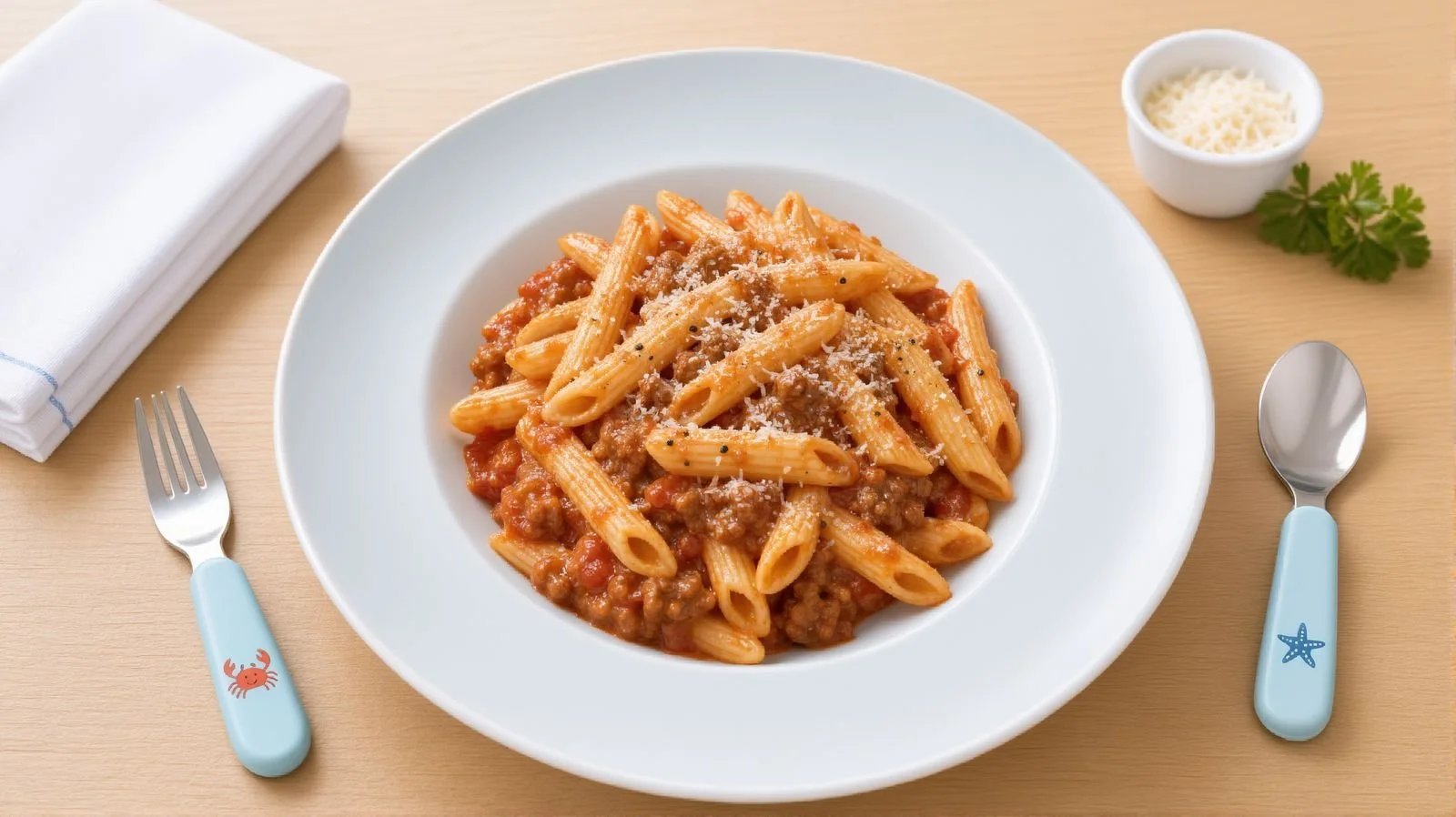 Penne pasta in a rich tomato meat sauce topped with grated Parmesan cheese, served on a white plate.