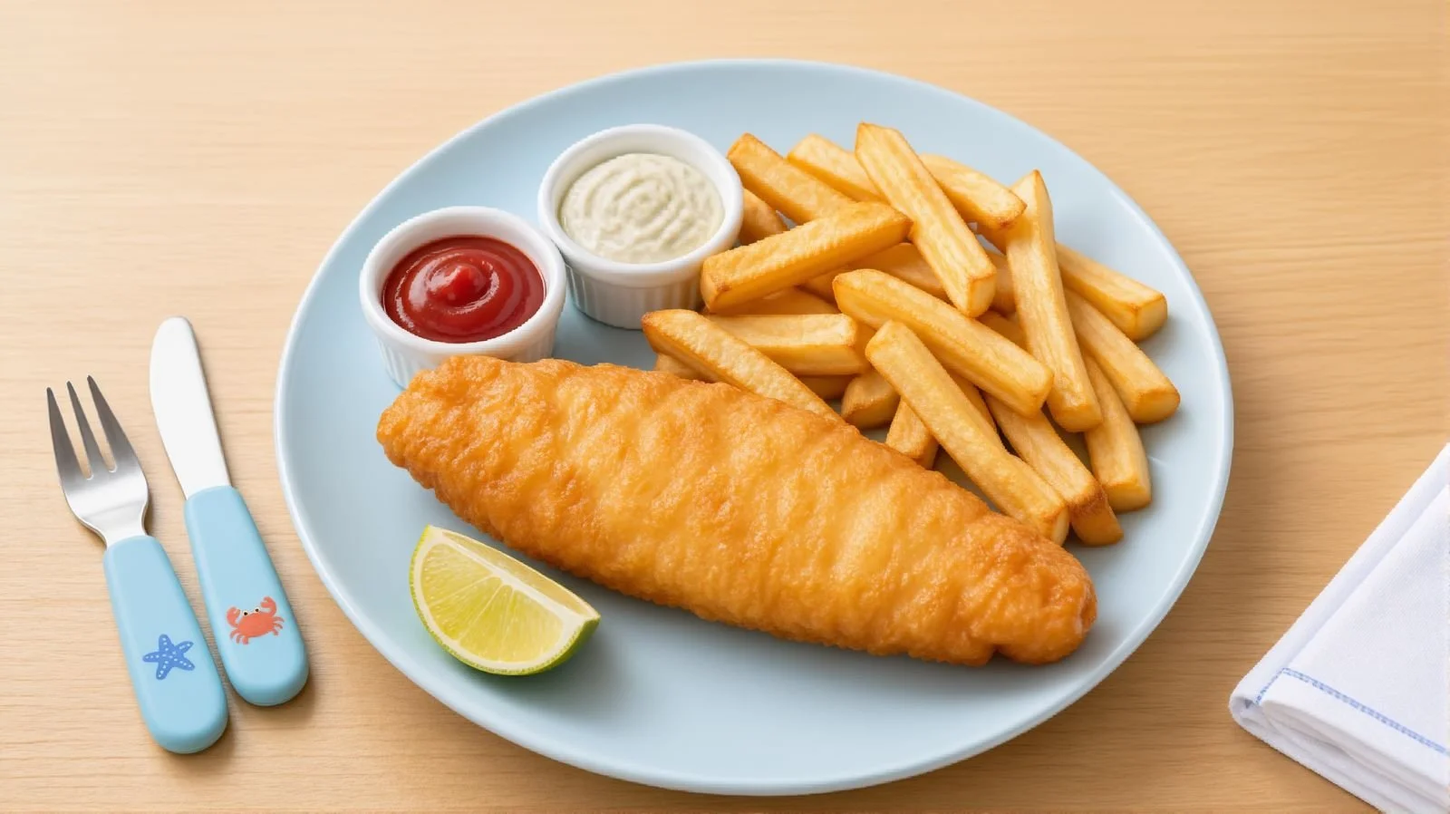 Fish and chips with French fries, ketchup, tartar sauce and lemon wedge served on a blue plate.