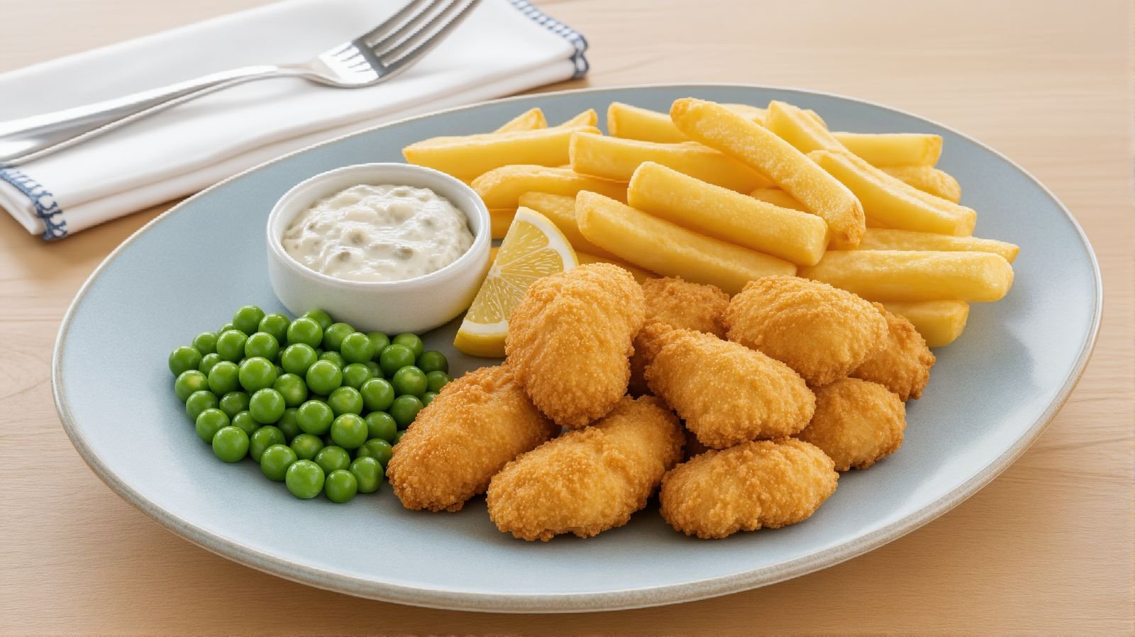 Breaded fish bites with chips, peas and tartar sauce served on a plate at Watersmeet Hotel Children's High Tea menu.