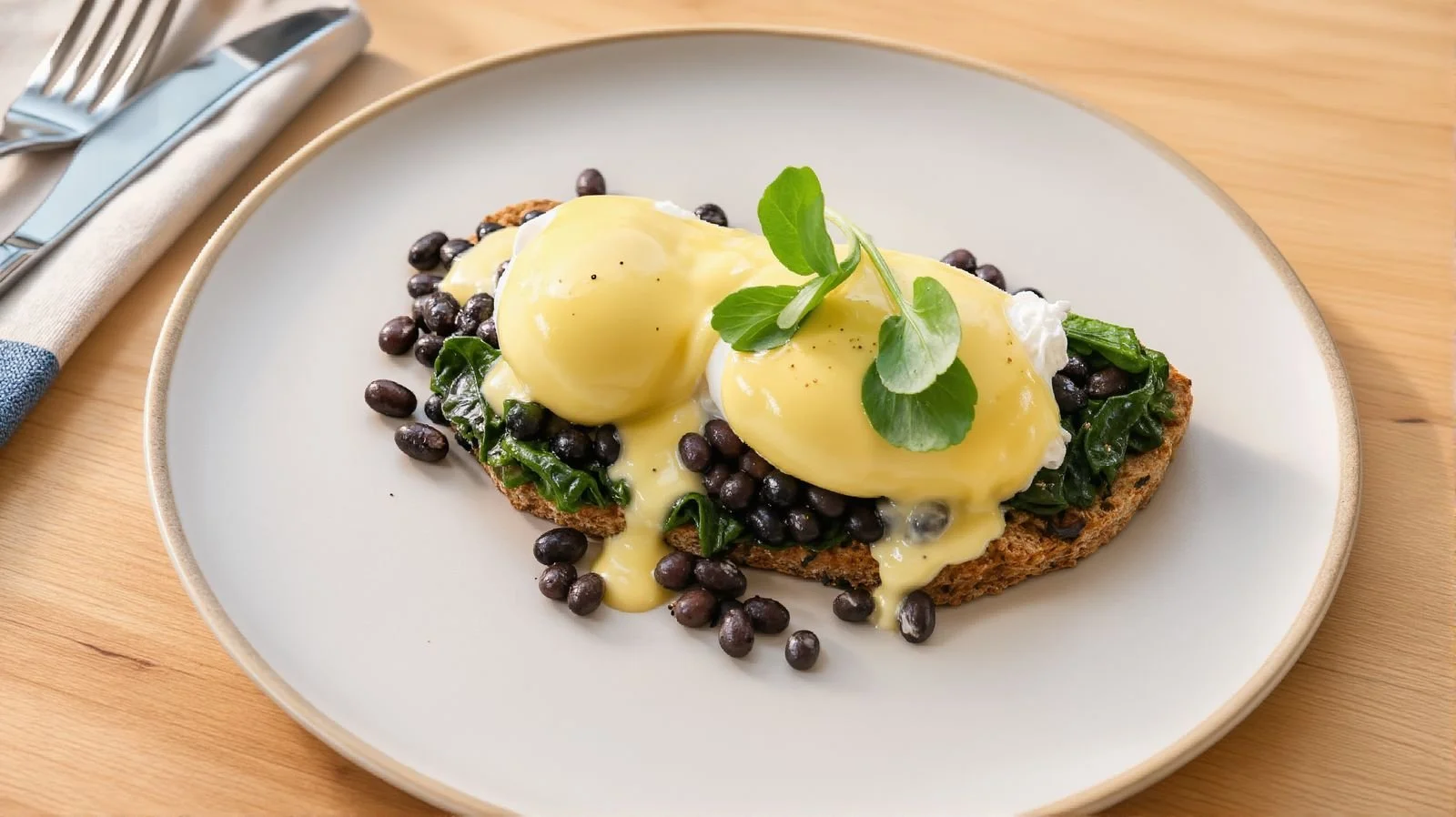 Eggs Benedict on toasted bread with black beans, spinach and poached eggs, served on a white plate.