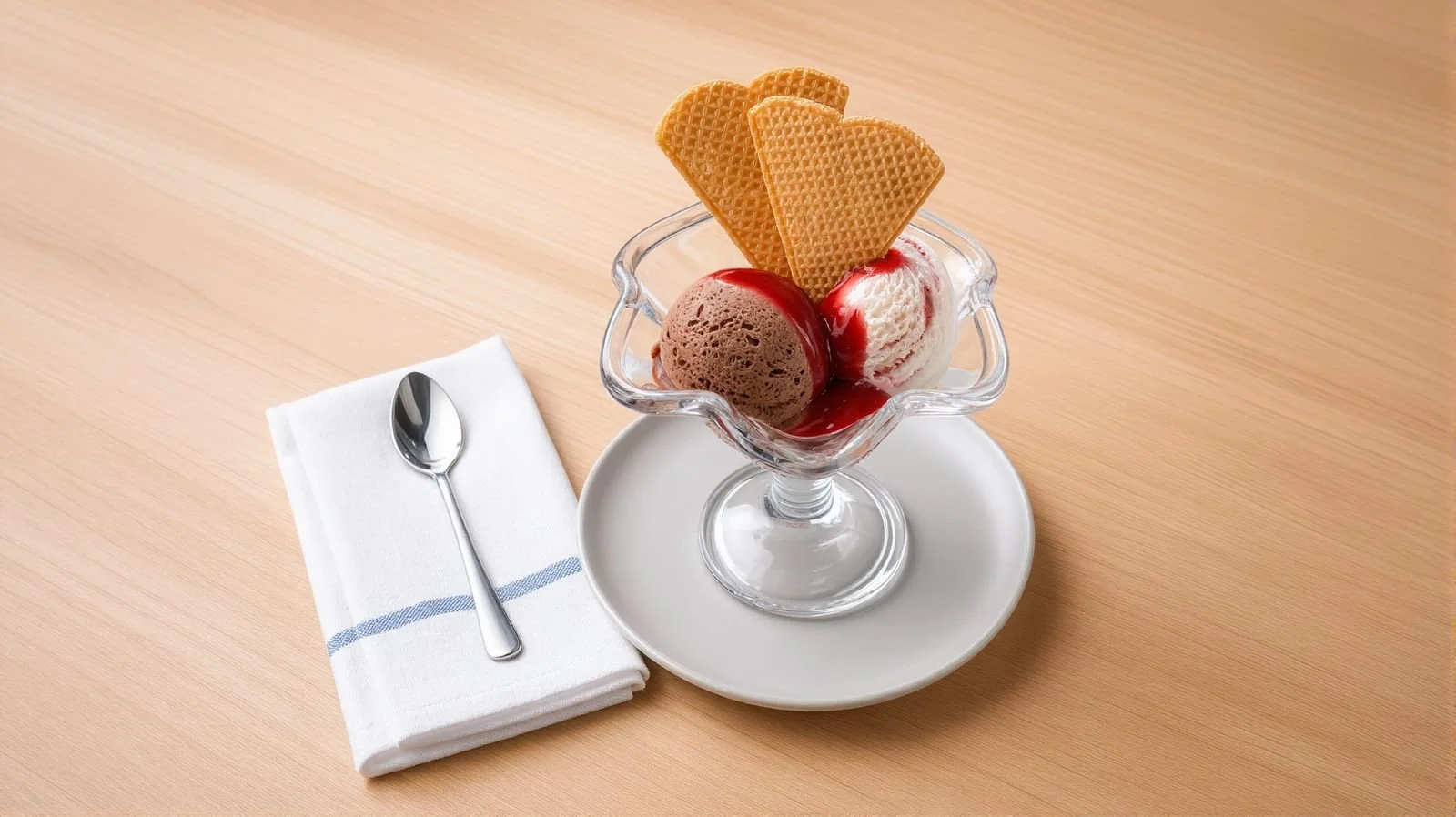 Ice cream sundae with chocolate and strawberry scoops, topped with wafer biscuits, served in a glass dish on a restaurant table with spoon and napkin.