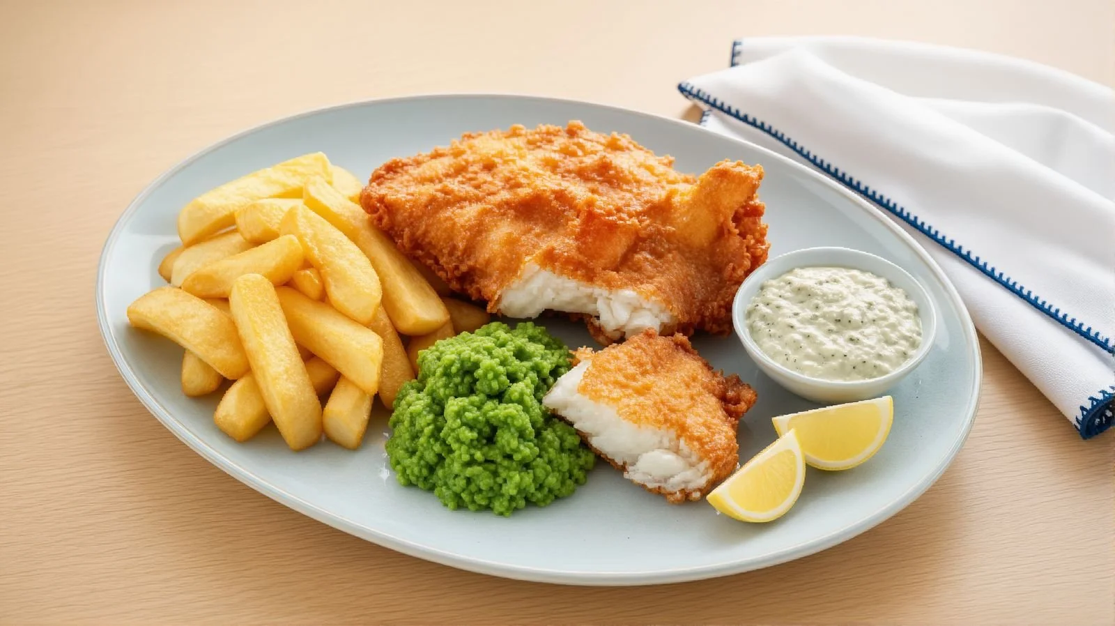 Breaded fish and chips with chunky fries, mushy peas, tartare sauce and a lemon wedge, served on a blue plate in the Palms Room at Watersmeet Hotel.